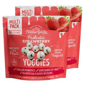 Nature's Garden Probiotic Yoggies strawberry bites in two-pack display for on-the-go snacking.