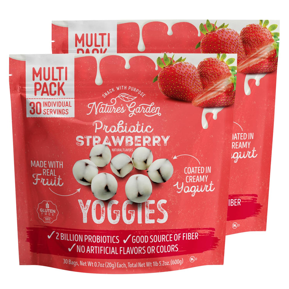 Nature's Garden Probiotic Yoggies strawberry bites in two-pack display for on-the-go snacking.