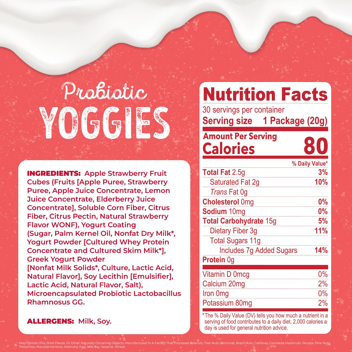 Nature's Garden Probiotic Yoggies strawberry bites with creamy yogurt coating and real fruit.