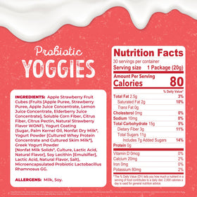 Nature's Garden Probiotic Yoggies strawberry bites with creamy yogurt coating and real fruit.
