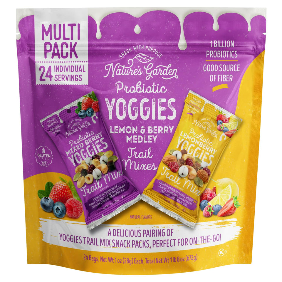 Nature's Garden Probiotic Yoggies Lemonberry packfront with yogurt-coated bites for on-the-go snacking