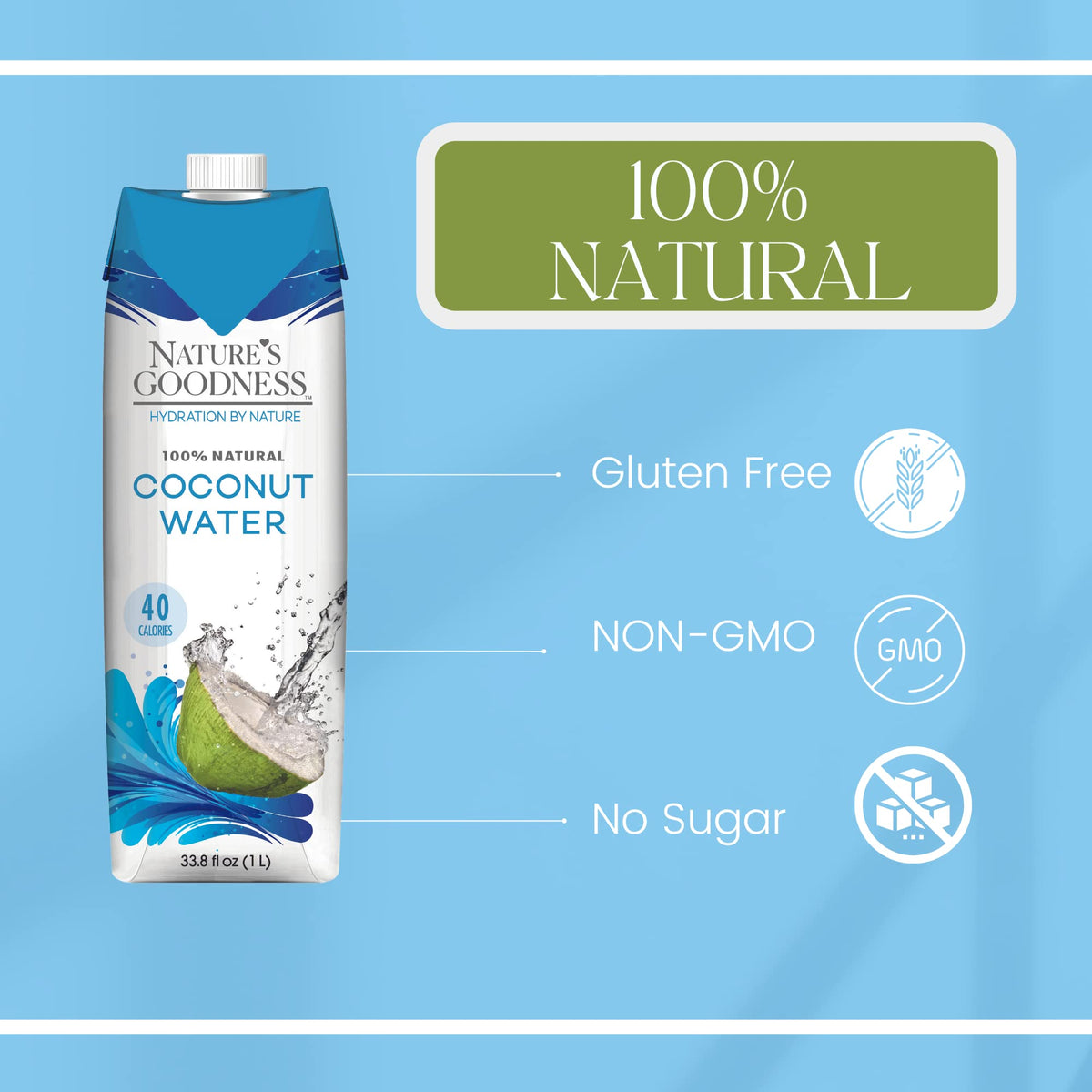 Nature's Goodness Coconut Water bottle close-up label showing no pulp