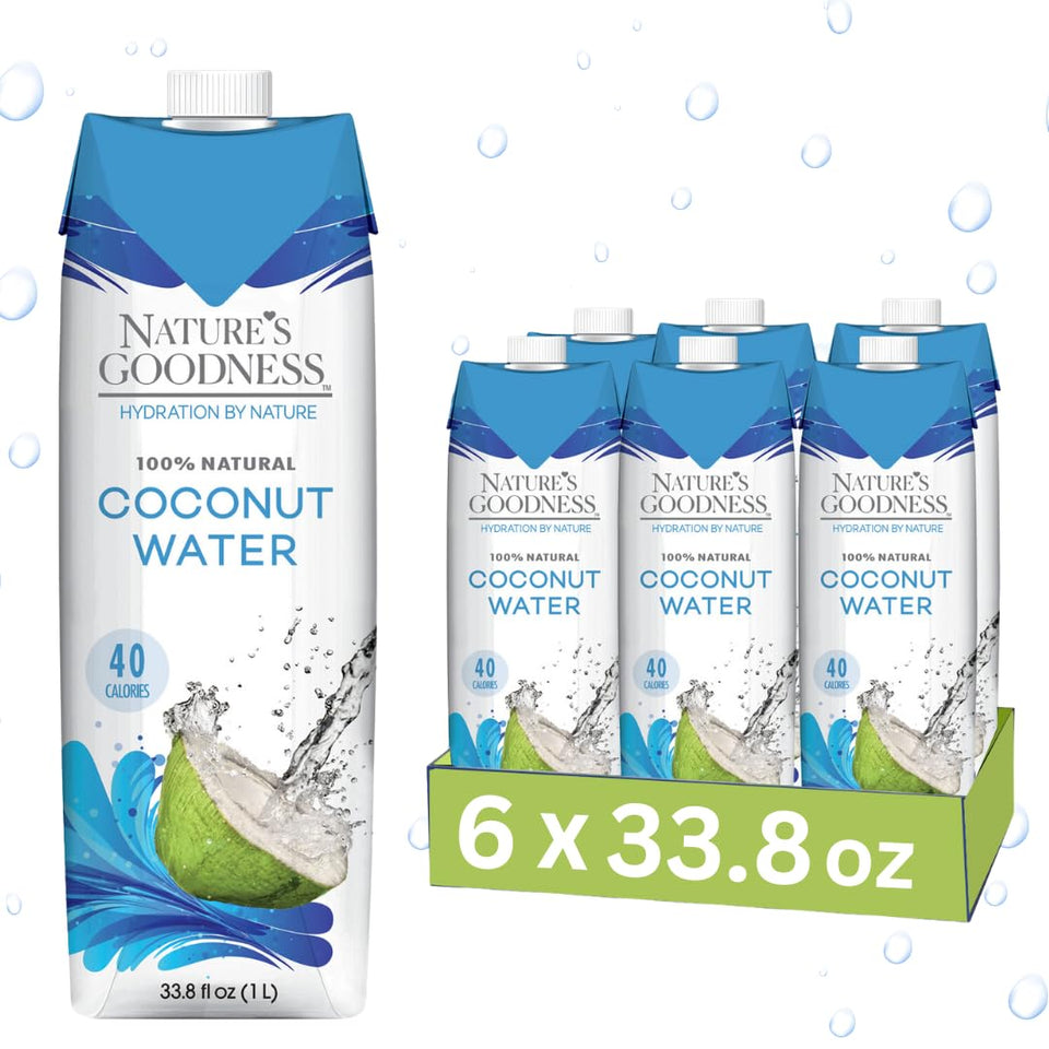 Nature's Goodness Coconut Water bottle pouring for refreshing hydration