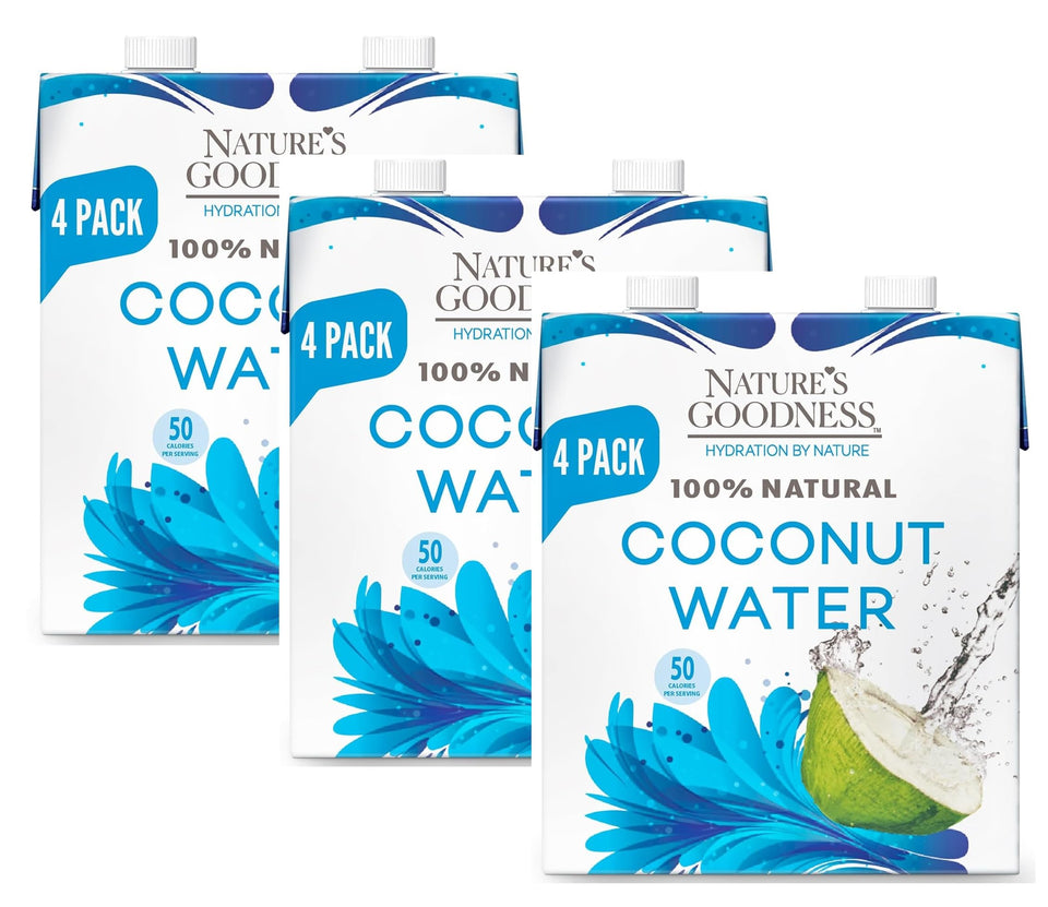 Nature's Goodness coconut water no sugar added bottle for workout hydration.