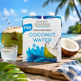 Nature's Goodness coconut water no sugar added pour—pulp-free hydration for smoothies.
