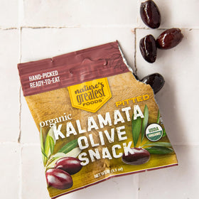 Freshly seasoned Kalamata olives in a ready-to-eat pouch