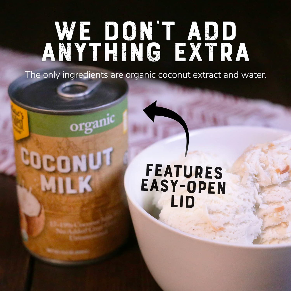 Nature's Greatest Foods coconut milk label highlights USDA Organic and no additives