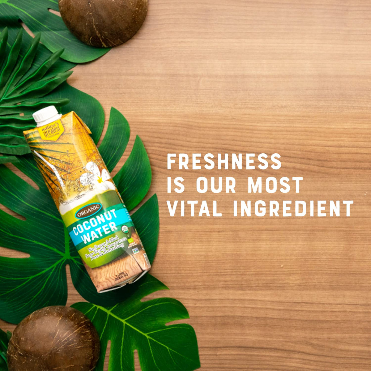Nature's Greatest Foods Organic Coconut Water six-pack packaging on display