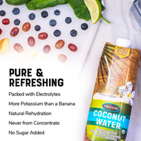 Nature's Greatest Foods Organic Coconut Water pour into glass showing tropical refreshment