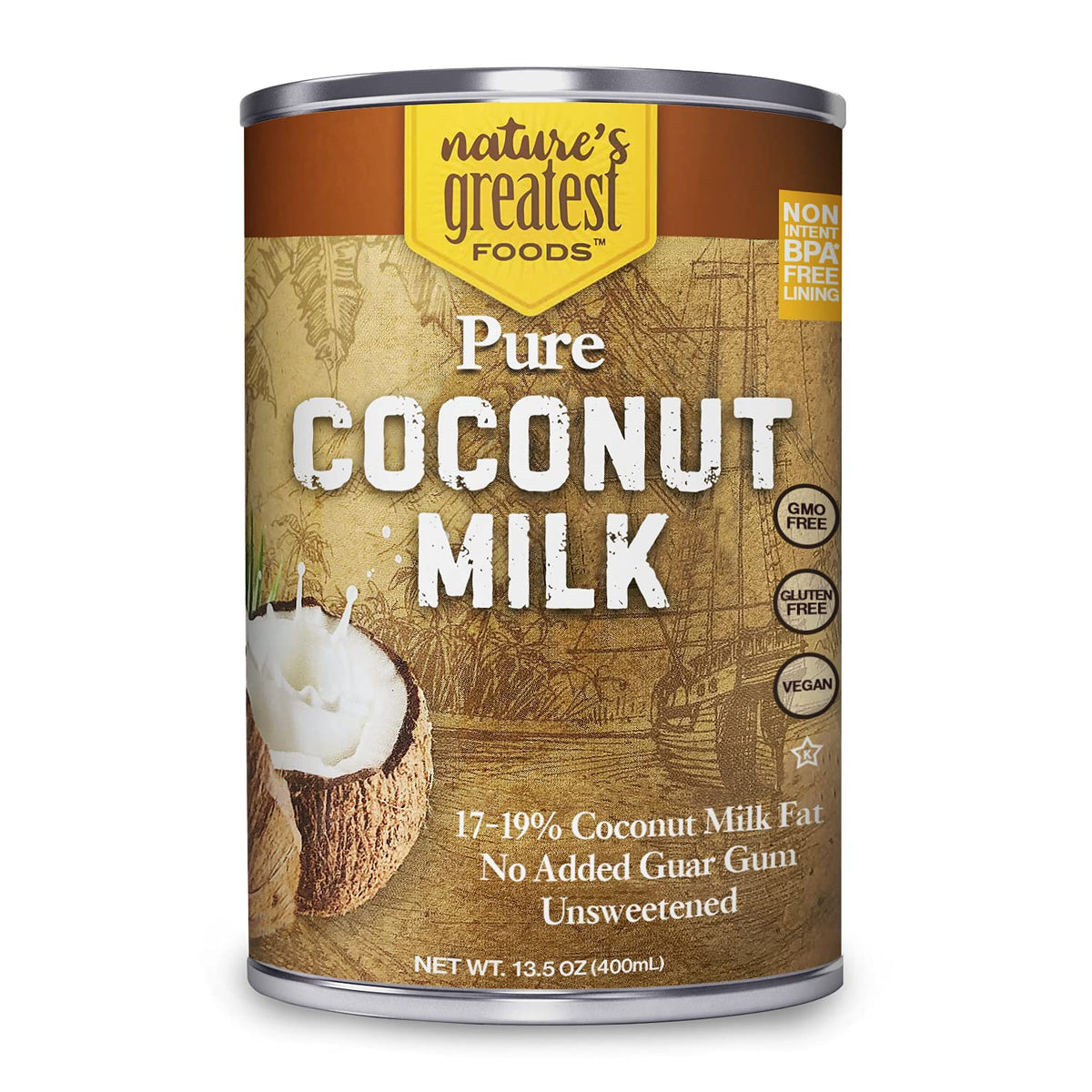 Nature's Greatest Foods coconut milk pour shows unsweetened, versatile use for curries and smoothies.