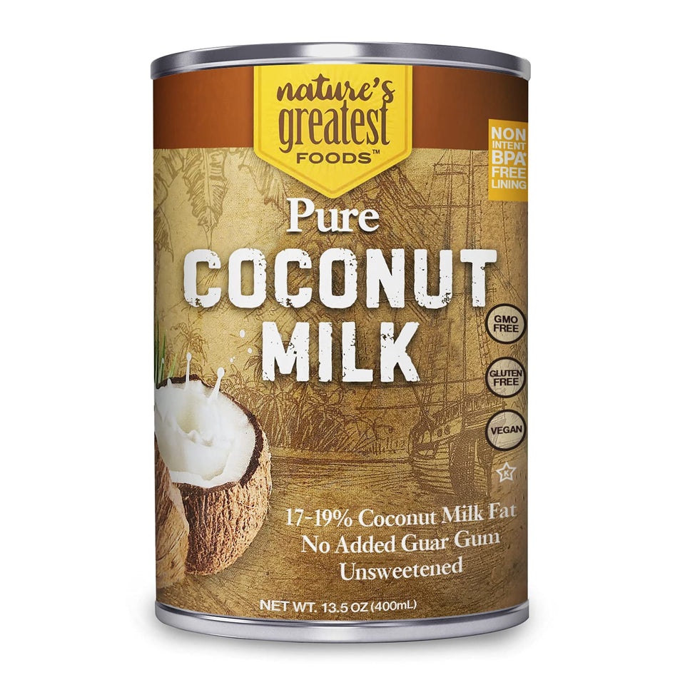 Nature's Greatest Foods coconut milk pour shows unsweetened, versatile use for curries and smoothies.