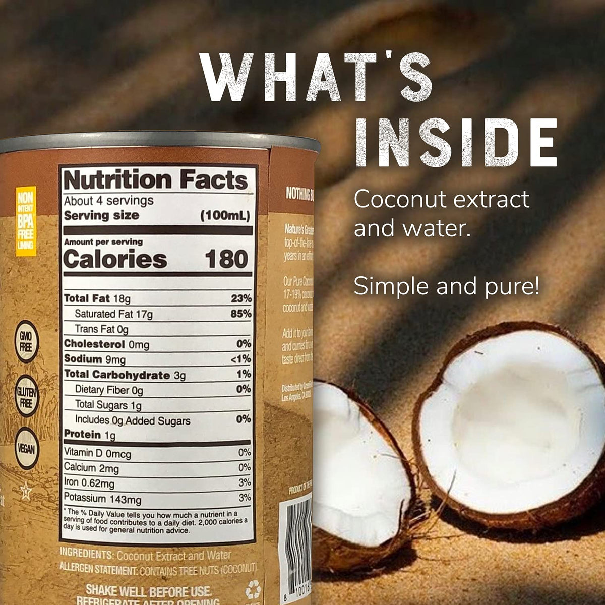 Nature's Greatest Foods two-ingredient coconut milk concept with purified water.