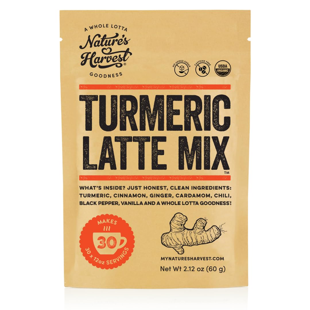 Nature's Harvest turmeric latte mix bottle pour shows convenient, caffeine-free indulgence