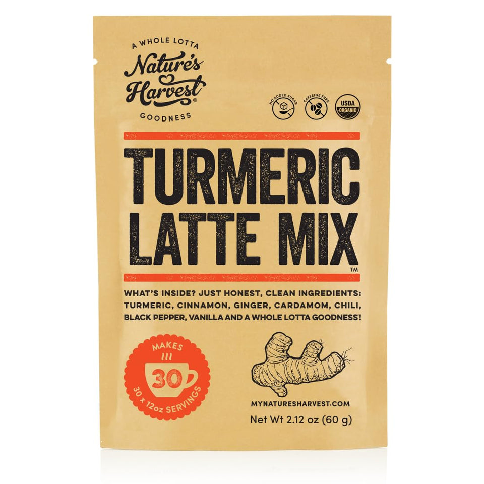 Nature's Harvest turmeric latte mix bottle pour shows convenient, caffeine-free indulgence