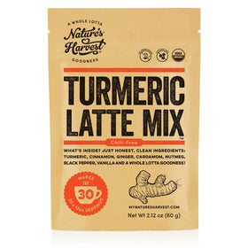 Nature's Harvest turmeric latte mix pack front, ideal for caffeine-free golden milk