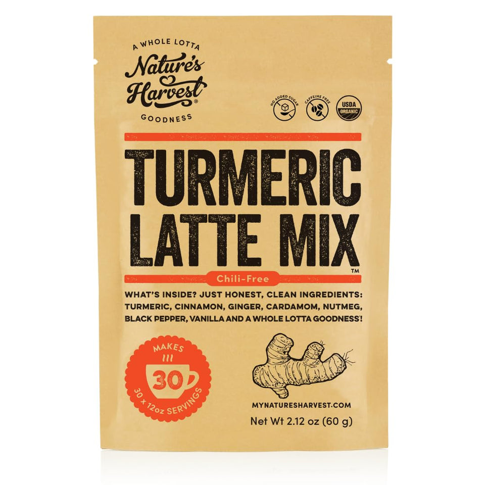 Nature's Harvest turmeric latte mix pack front, ideal for caffeine-free golden milk