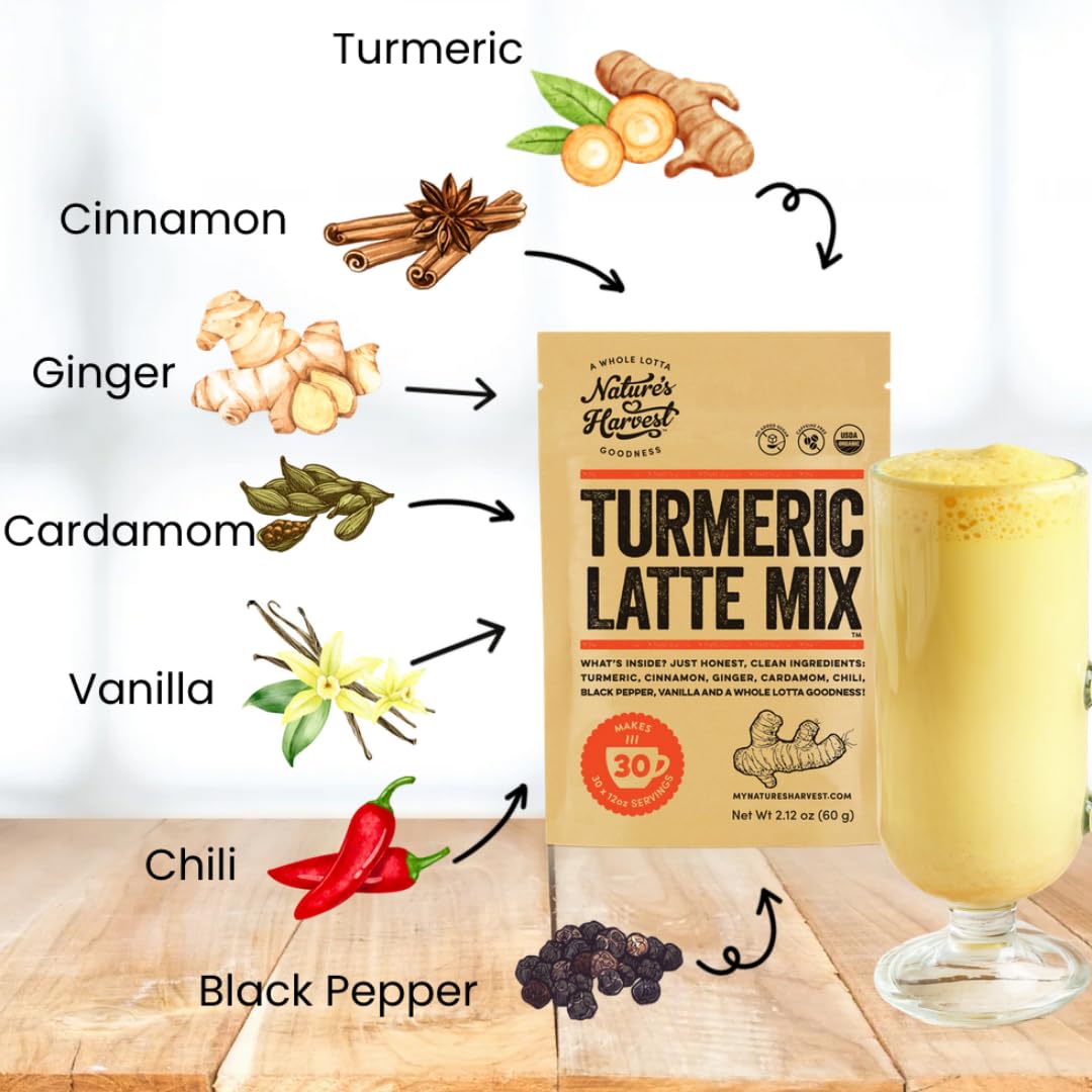 Nature's Harvest turmeric latte mix packaging front emphasizes organic, caffeine-free versatility