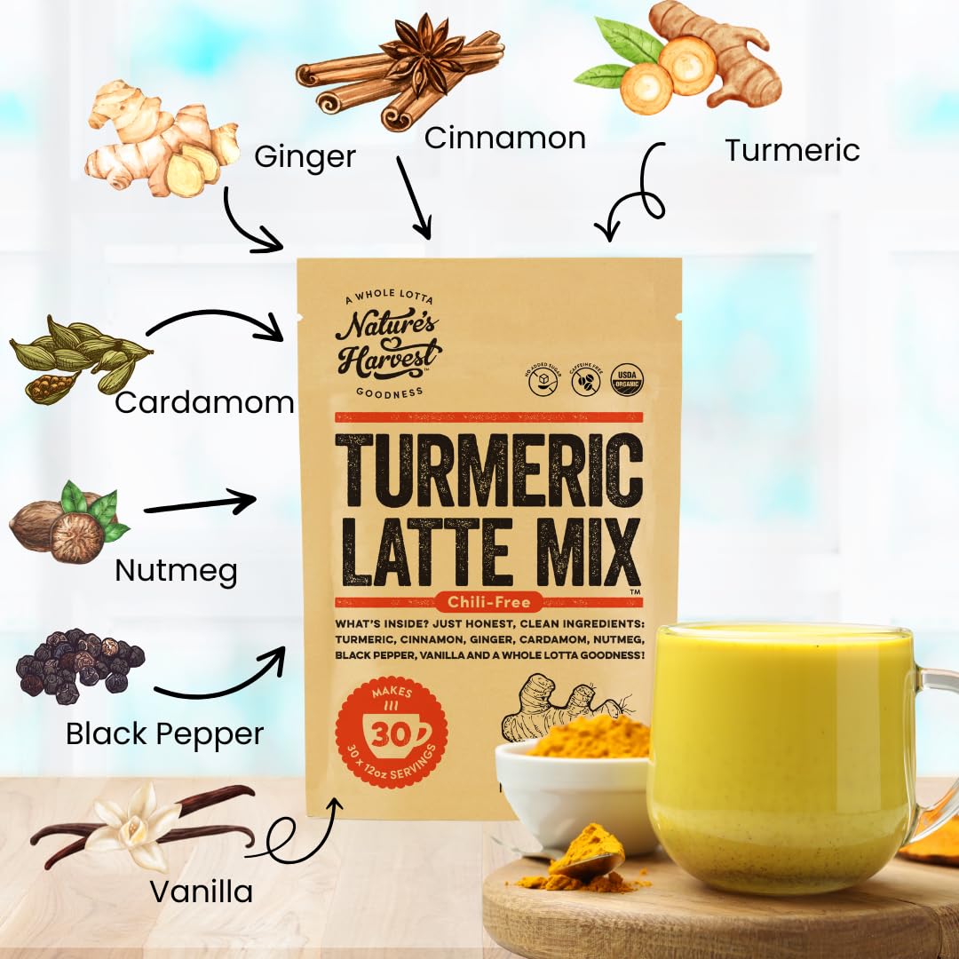 Nature's Harvest turmeric latte mix being poured into a cup for convenience