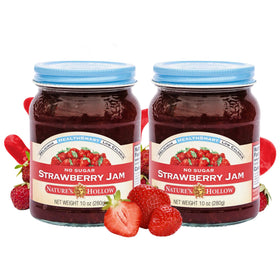 Nature's Hollow Strawberry Jam jar closeup shows sugar-free fruit flavor for keto snacking.