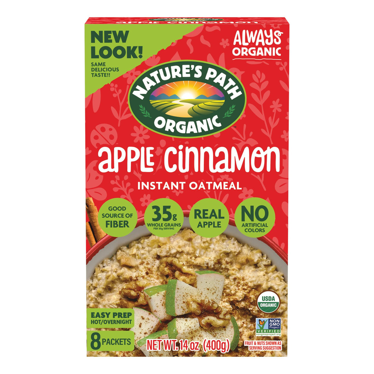 Nature's Path Apple Cinnamon Instant Oatmeal box with six-box bundle for quick mornings.