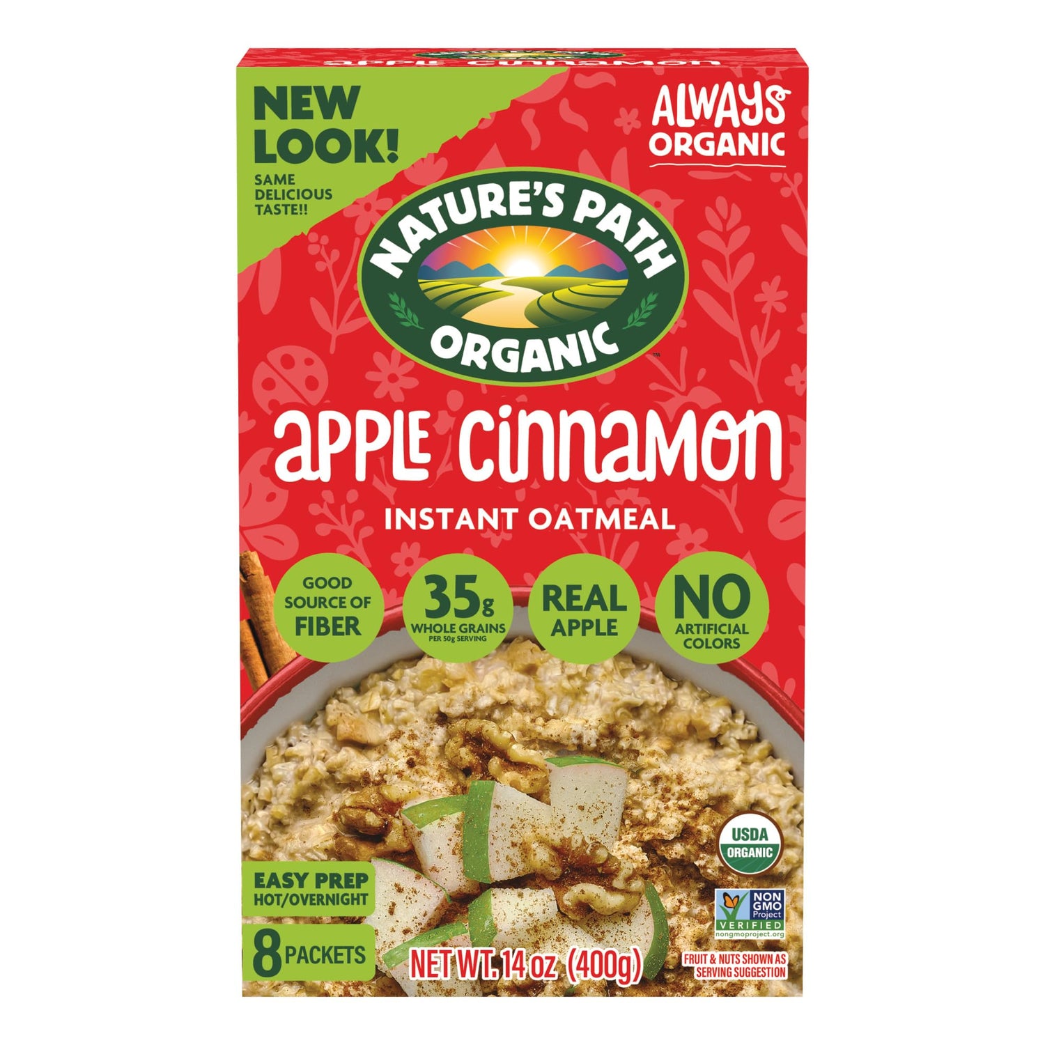 Nature's Path Apple Cinnamon Instant Oatmeal box with six-box bundle for quick mornings.