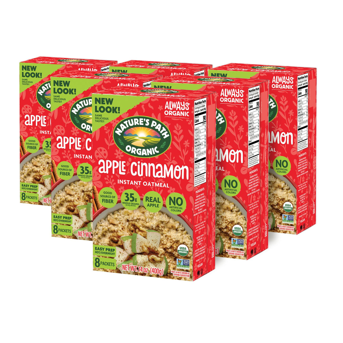 Nature's Path Apple Cinnamon Instant Oatmeal packets ready for on-the-go breakfast.