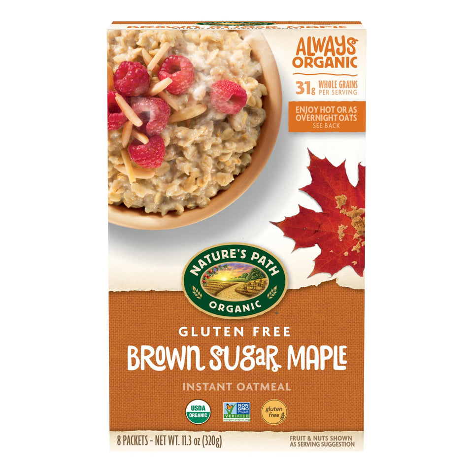Nature's Path Brown Sugar Maple instant oatmeal pack front offers quick gluten-free breakfast.