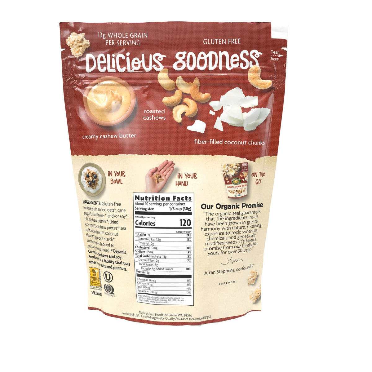 Nature's Path cashews and granola crunch enhances plant-based snacks.