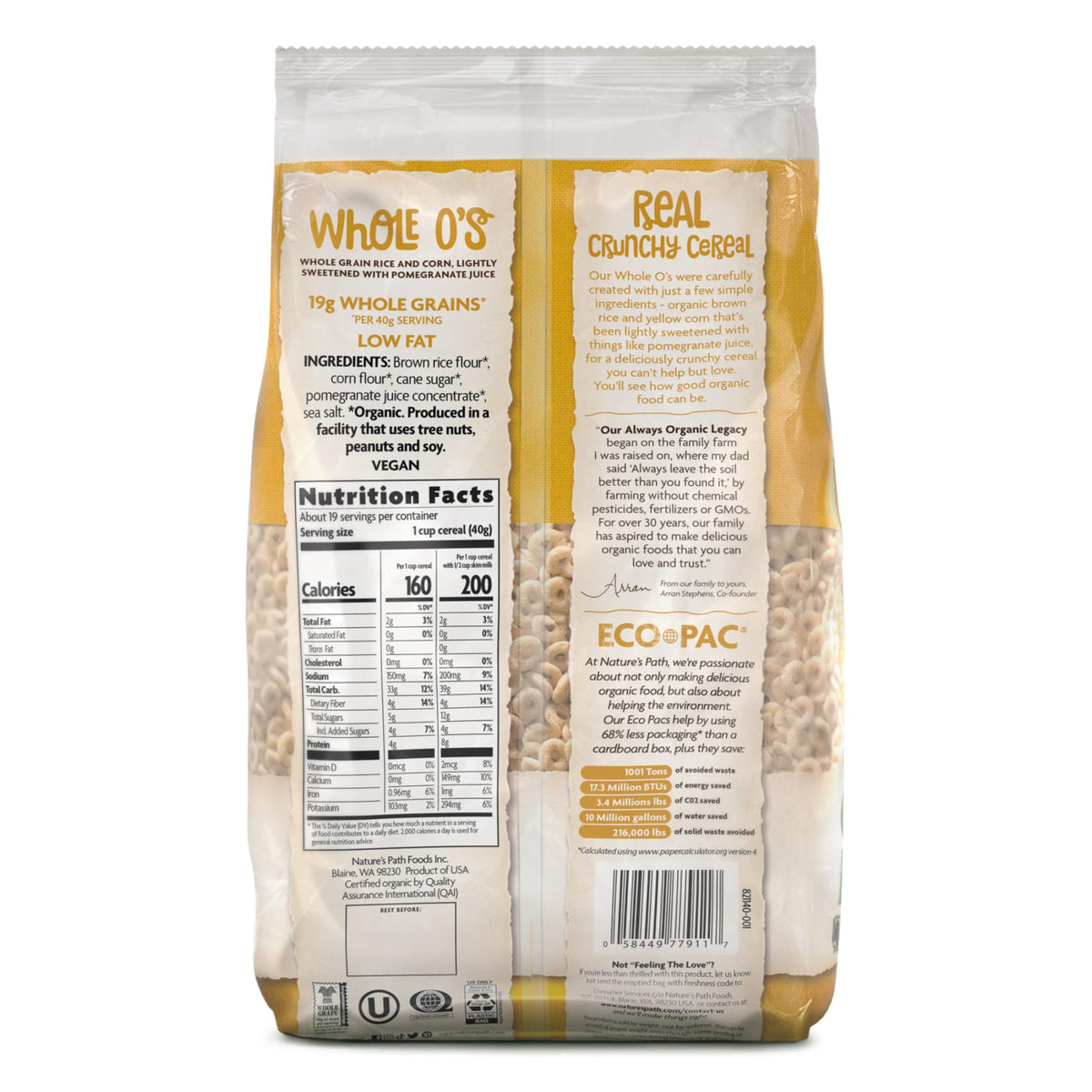 Nature's Path Eco Pac packaging on display, highlighting waste reduction.