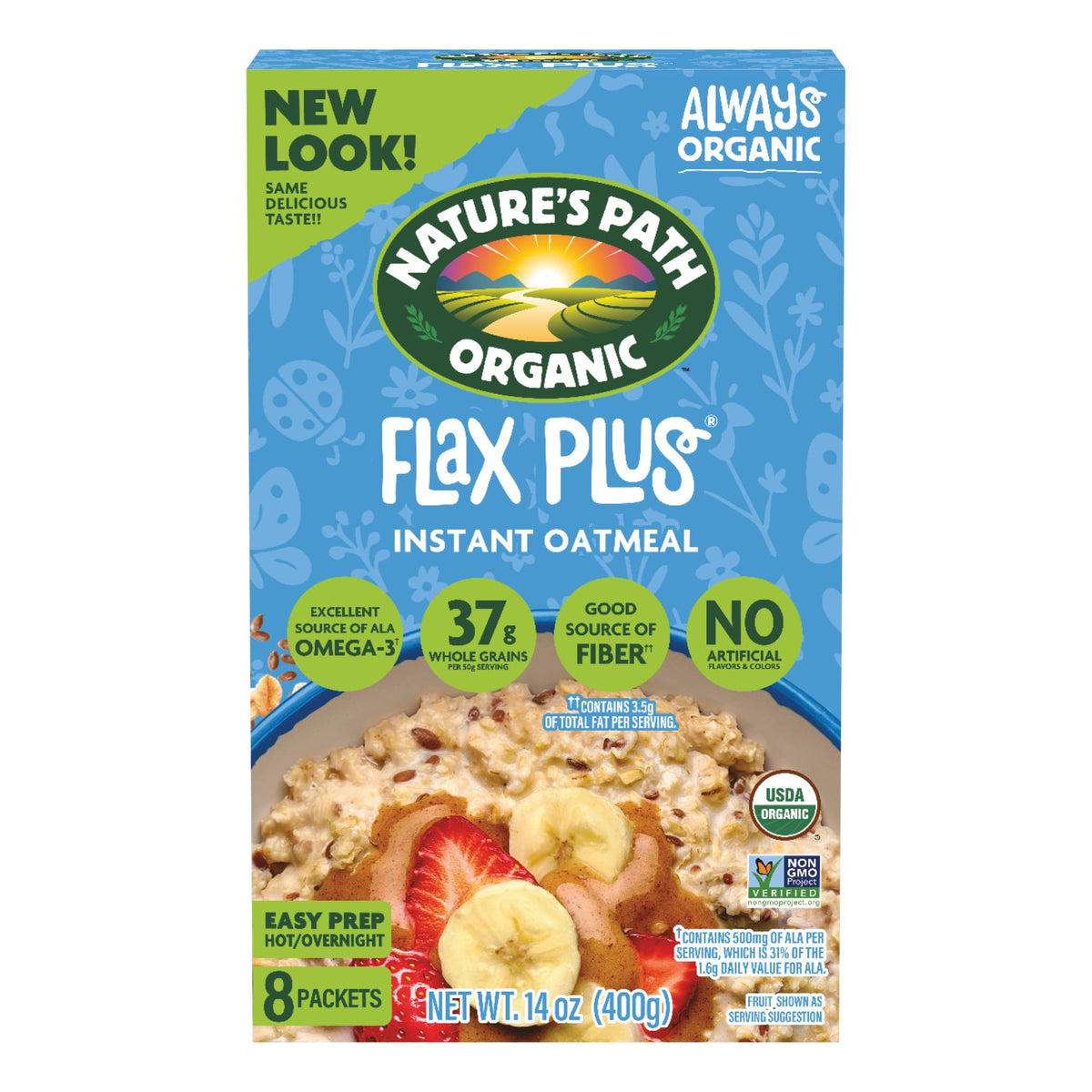 Nature's Path Flax Plus Instant Oatmeal box for quick, fiber-rich mornings.
