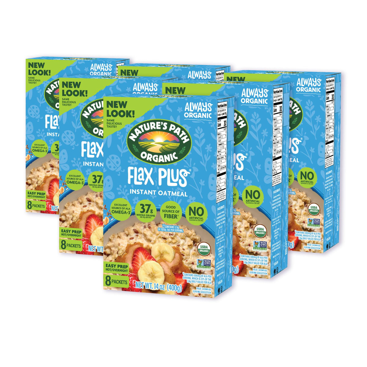 Nature's Path Flax Plus Instant Oatmeal packets ready for on-the-go meals.