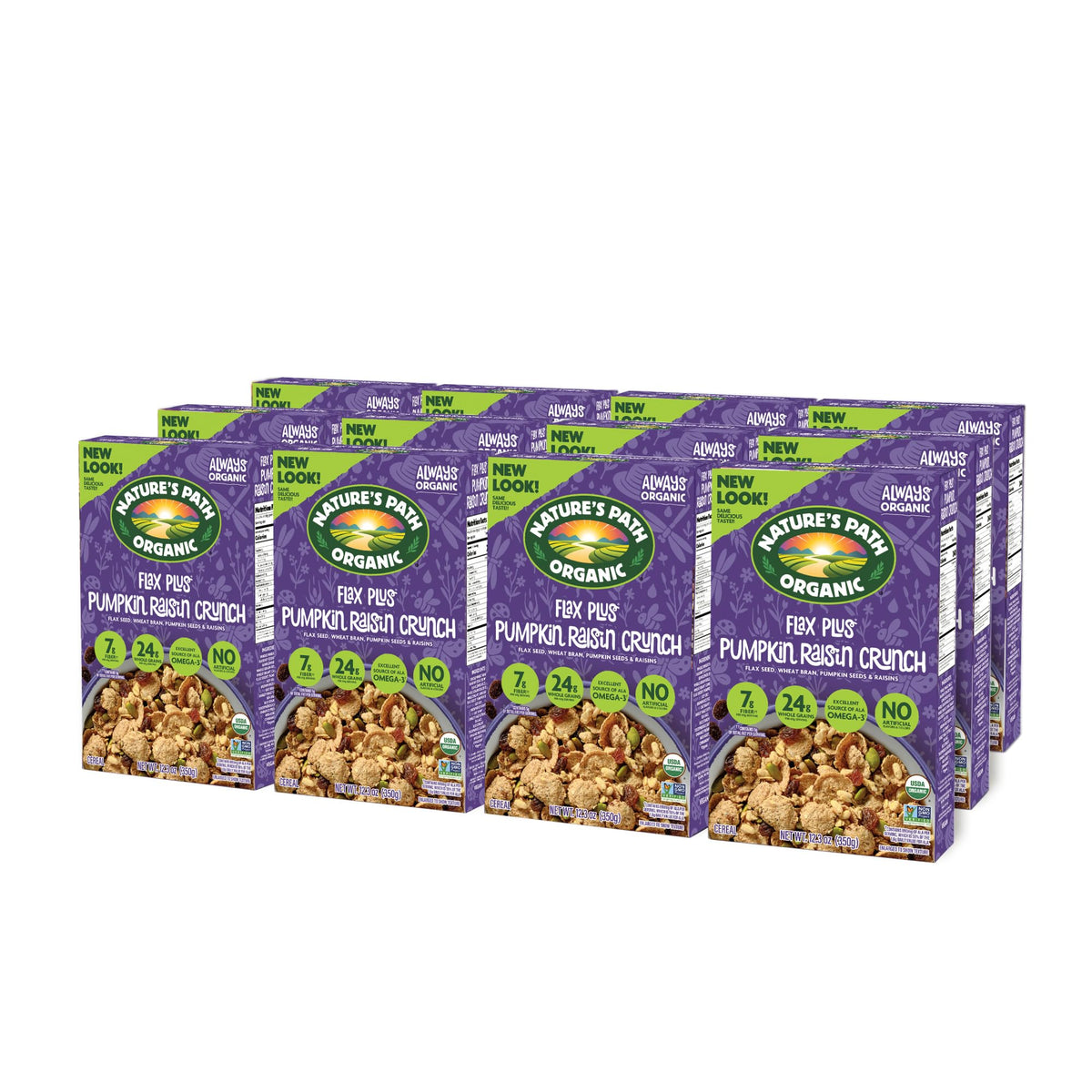 Nature's Path Flax Plus cereal bowl shows crunchy clusters for a satisfying breakfast.