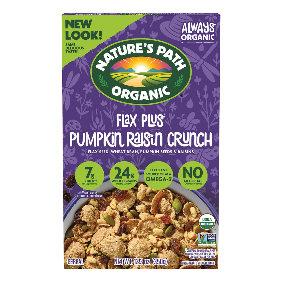 Nature's Path Flax Plus Pumpkin Raisin Crunch cereal box offers wholesome morning energy.