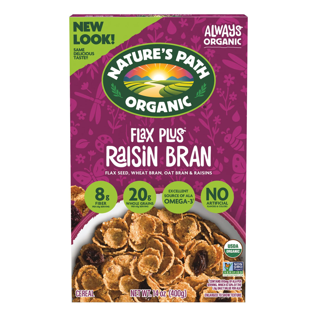 Nature's Path Flax Plus Raisin Bran boxes show a crunchy, organic breakfast.