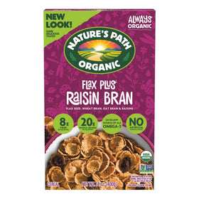 Nature's Path Flax Plus Raisin Bran boxes show a crunchy, organic breakfast.