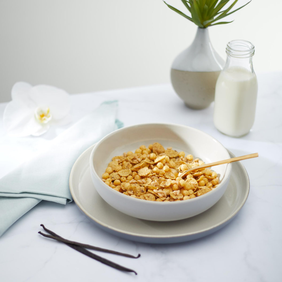 Close-up of flax seeds and ancient grains in Nature's Path cereal.