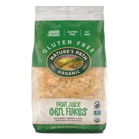 Nature's Path fruit juice sweetened corn flakes box, crisp and inviting for mornings