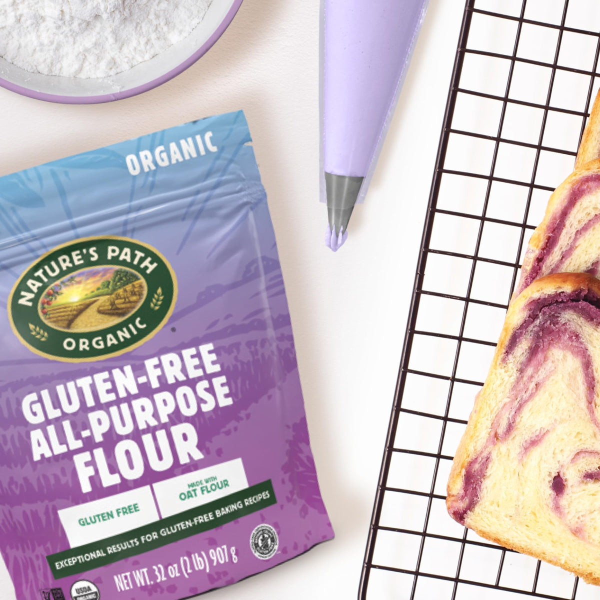Close-up of Nature's Path flour in a measuring cup for consistent results.