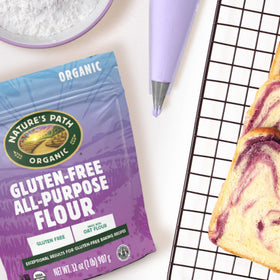 Close-up of Nature's Path flour in a measuring cup for consistent results.