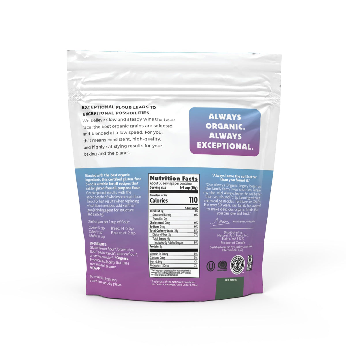 Eco-friendly recyclable packaging of Nature's Path gluten-free flour.