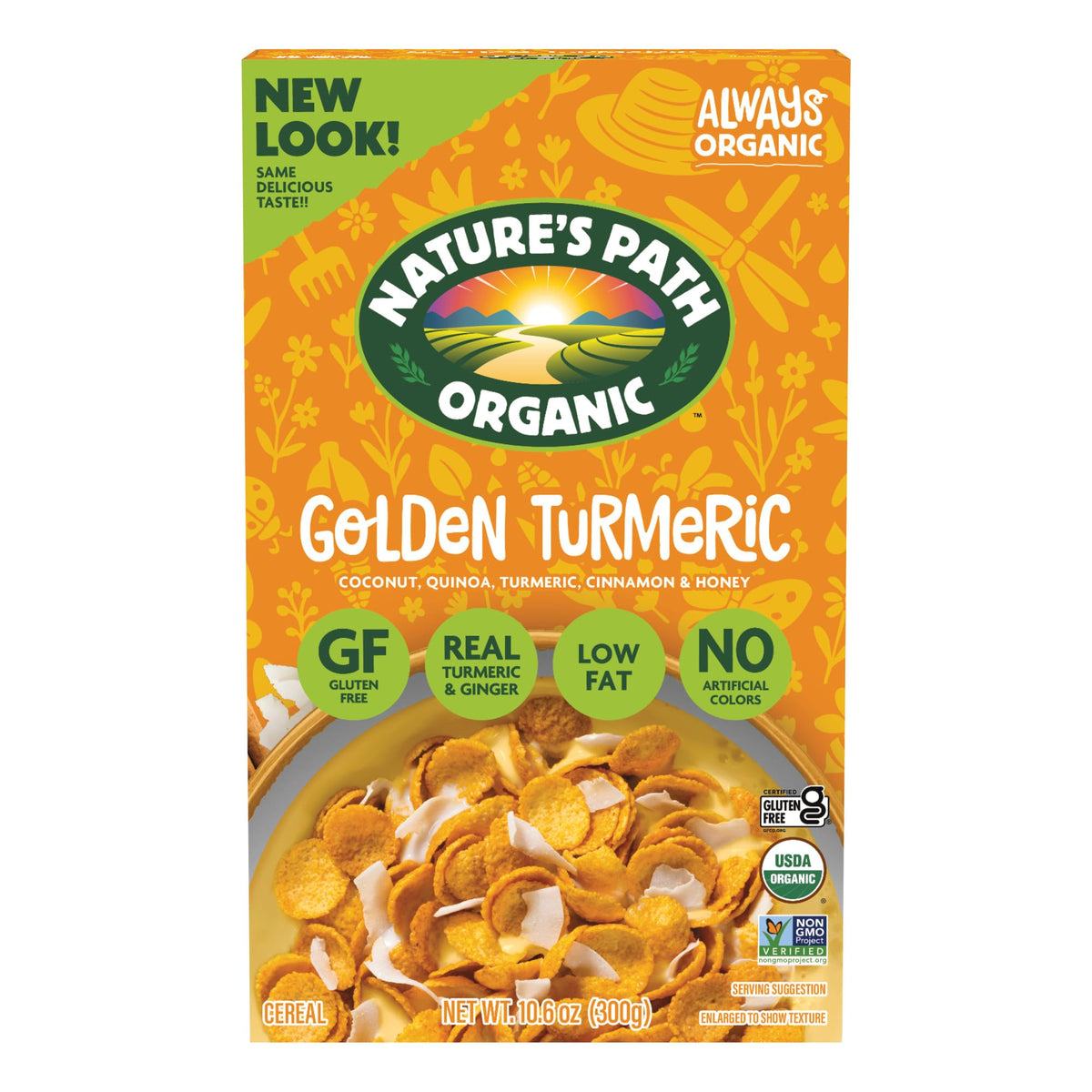 Nature's Path Golden Turmeric Cereal pack, six boxes, gluten-free breakfast option.