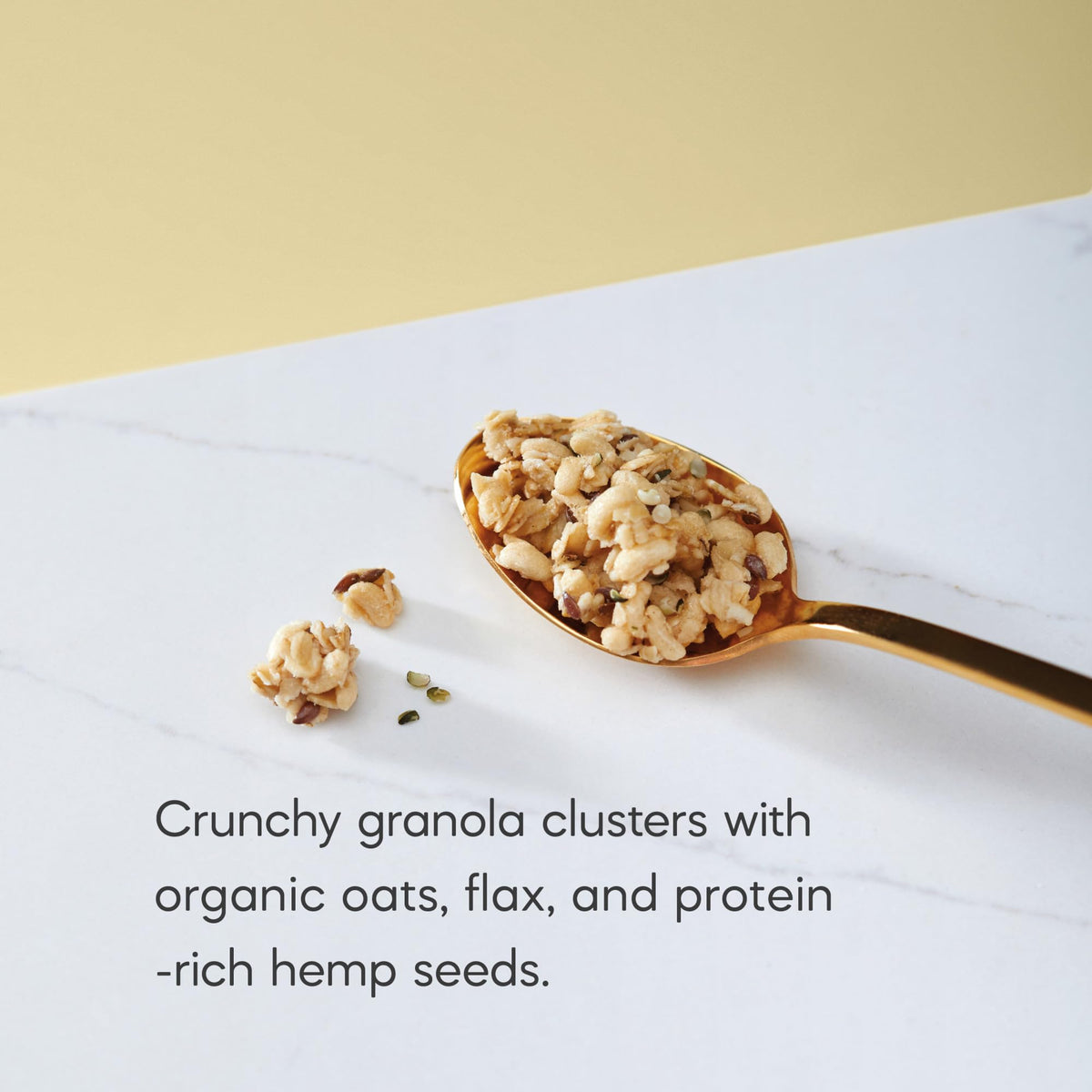 Hemp and flax seeds visible in Nature's Path granola for plant-based protein.