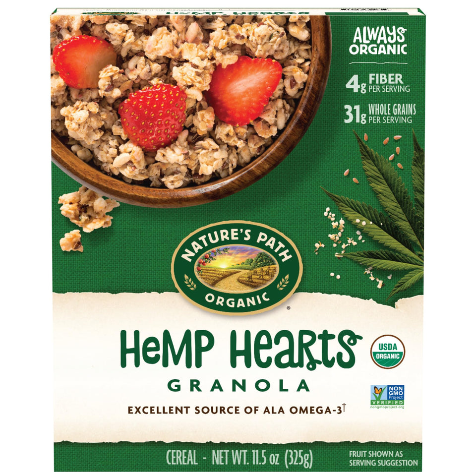 Nature's Path Hemp Hearts Granola pack shot showing 12 boxes for convenient breakfasts