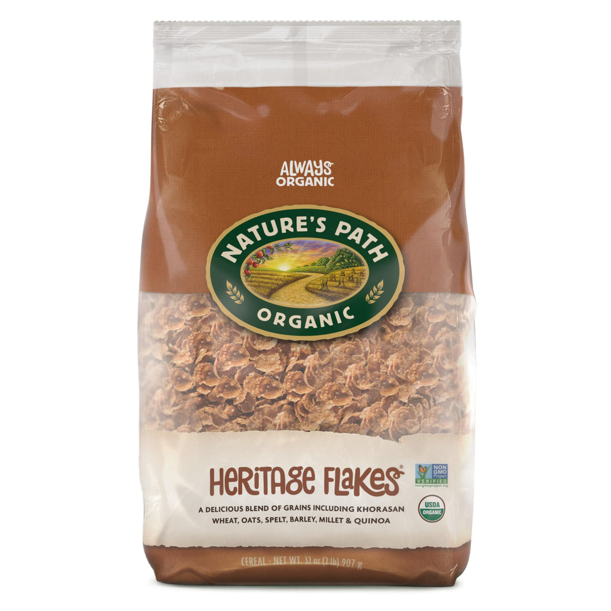 Nature's Path Heritage Flakes cereal in a bowl, rich in ancient grains for a wholesome breakfast