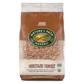 Nature's Path Heritage Flakes cereal in a bowl, rich in ancient grains for a wholesome breakfast