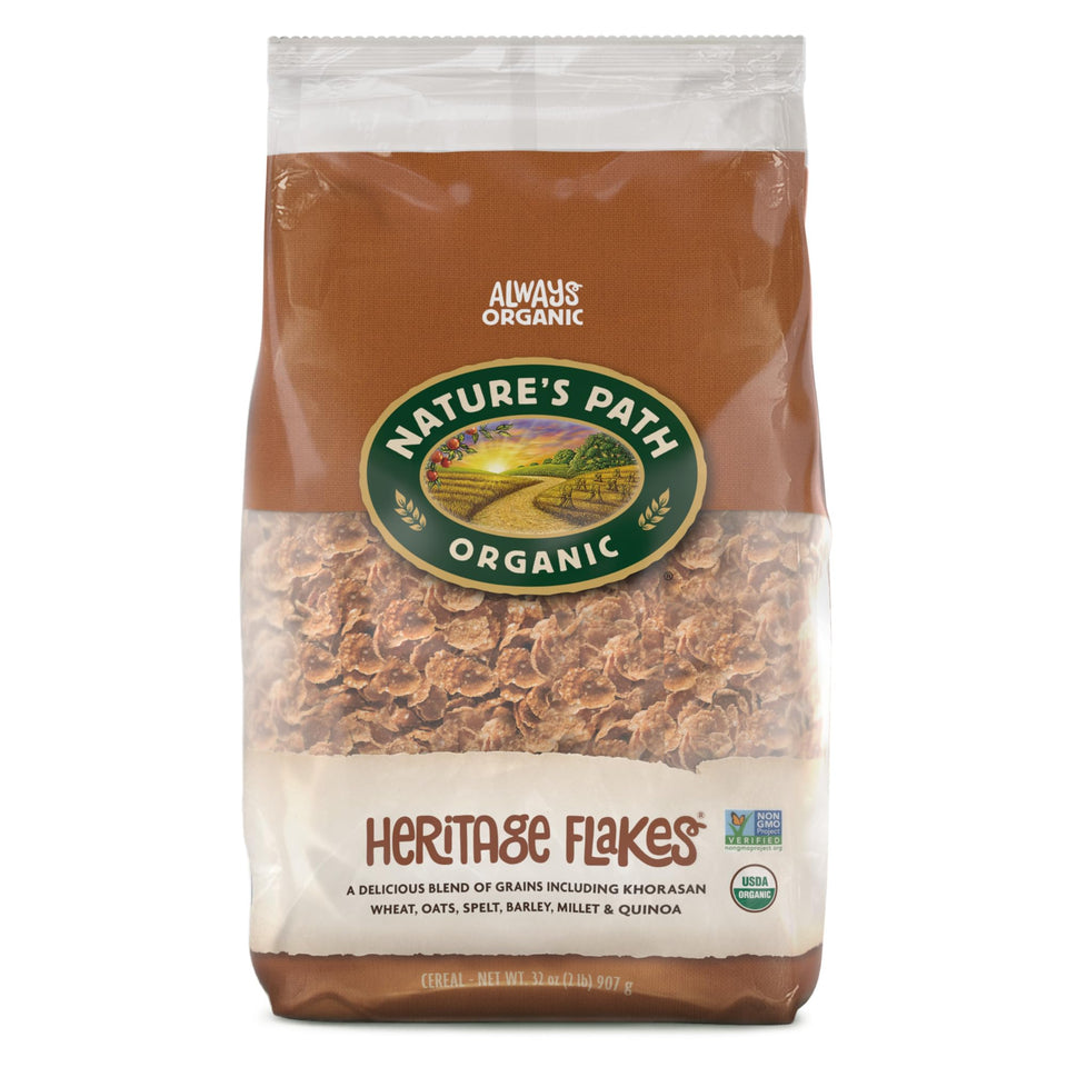 Nature's Path Heritage Flakes cereal in a bowl, rich in ancient grains for a wholesome breakfast
