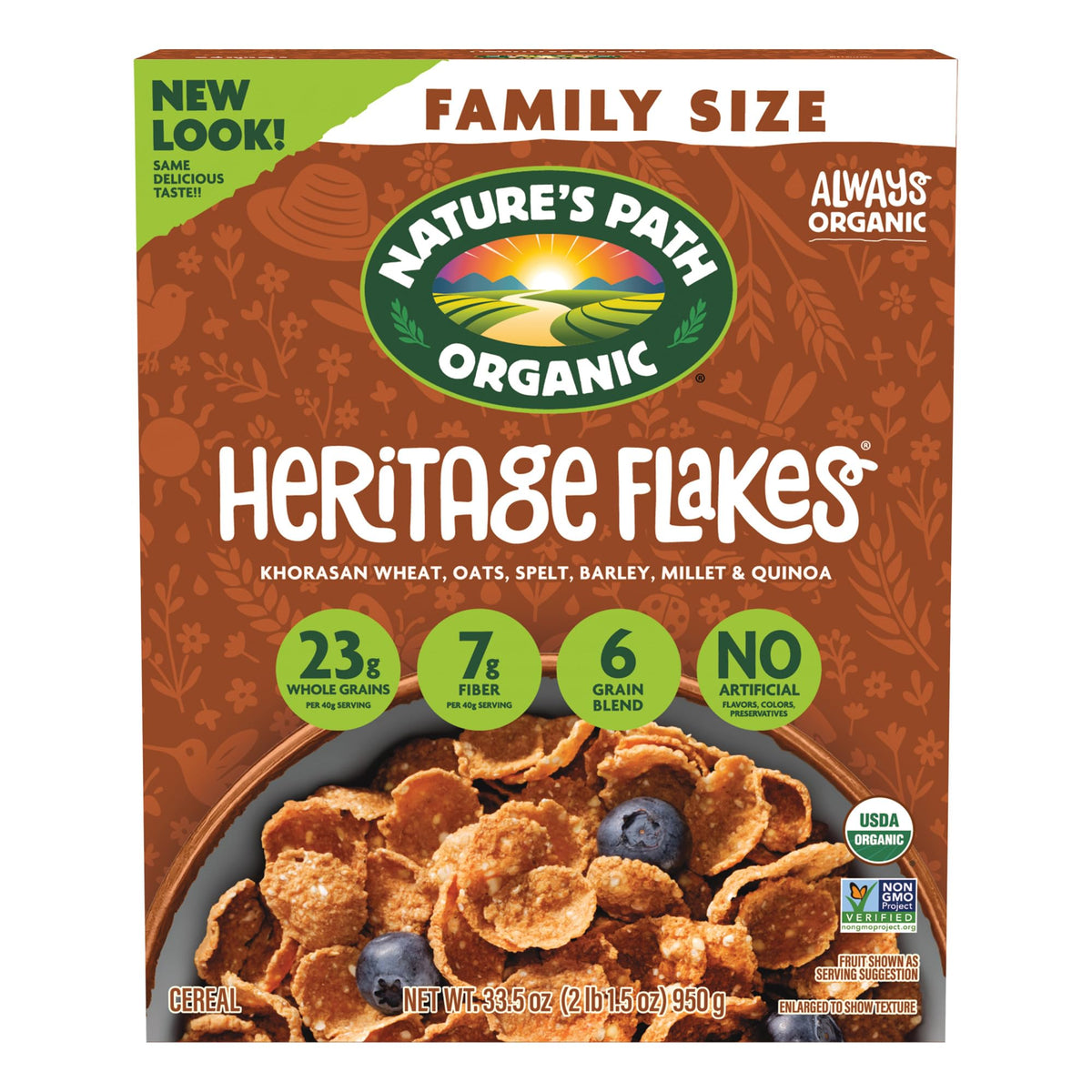 Nature's Path Heritage Flakes cereal box front showing organic ingredients