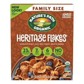 Nature's Path Heritage Flakes cereal box front showing organic ingredients