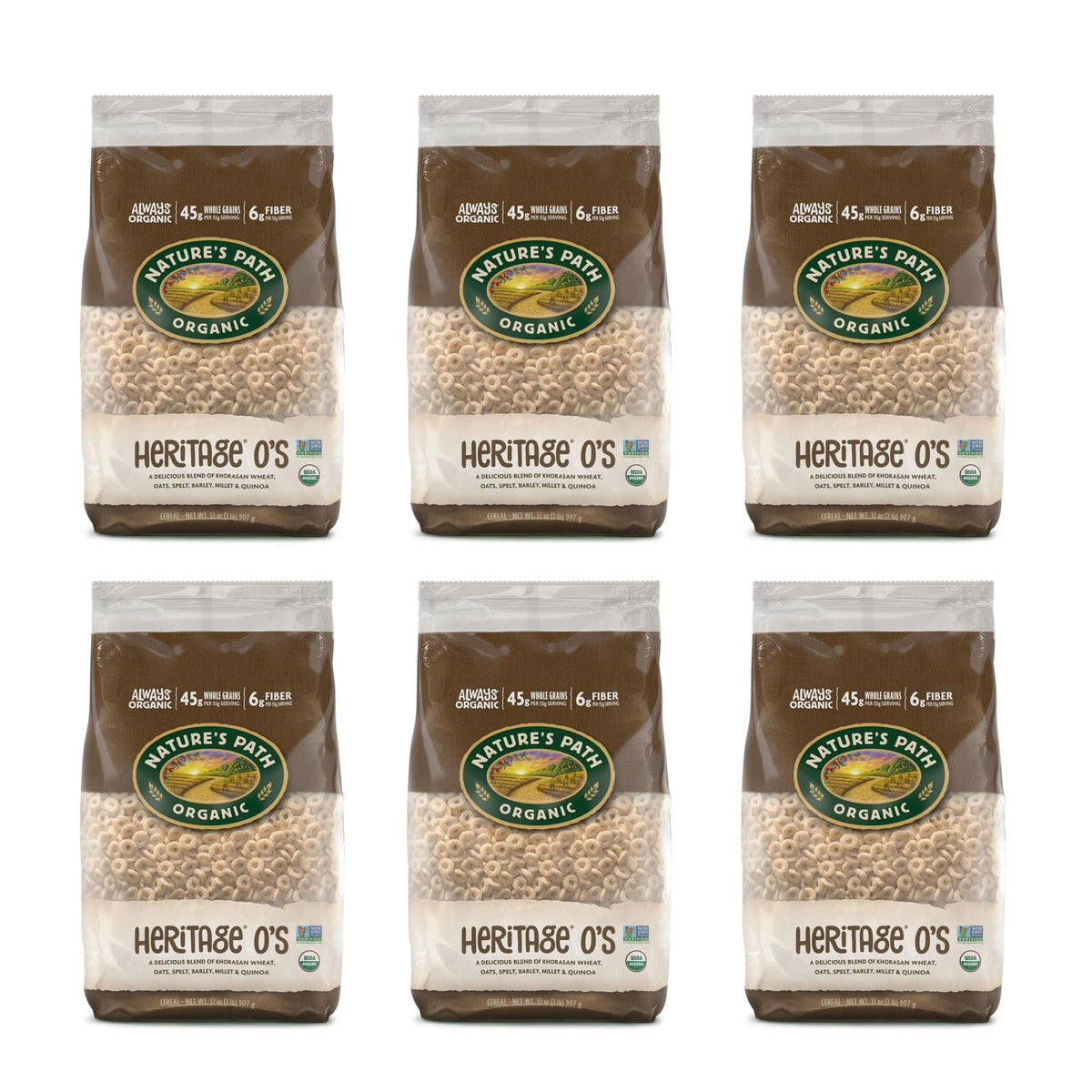 Nature's Path Heritage O's cereal bag back with ingredient list and certifications for clean eating.