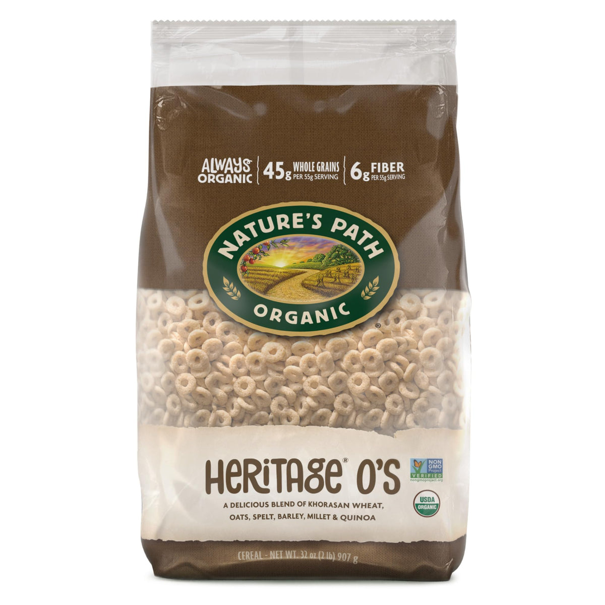 Nature's Path Heritage O's bag front highlighting organic, non-GMO ingredients for a wholesome breakfast.